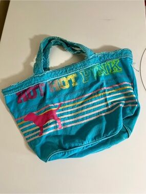 PINK Victoria's Secret Teal Canvas Tote with Pink Logo and Yellow Accents
